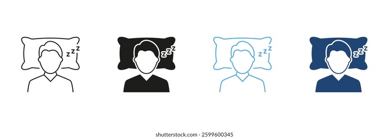 Man Sleeping On Pillow Line and Silhouette Icon Set Indicating Sleep Hygiene And Bedtime Routine. Health And Rest Outline and Solid Symbol. Editable Stroke. Isolated Vector Illustration.