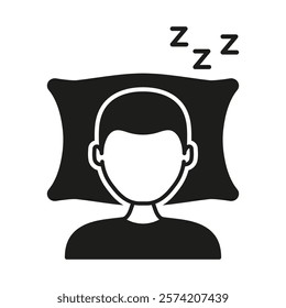 Man Sleeping On Pillow With ZZZ Silhouette Icon. Restful Sleep Glyph Symbol. Relaxed Peaceful Sleep. Isolated Vector Illustration.