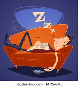 Man sleeping on sofa. Household series vector illustration.