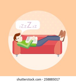 Man sleeping on sofa. Household series. Concept in cartoon style