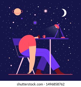 Man sleeping on the table. Tired male modern character working on laptop against the night starry sky and moon. Flat vector illustration. Use in web project and applications.