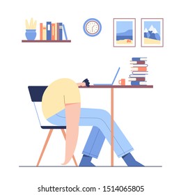 Man sleeping on the table. Tired male modern character working at laptop and hard learning. Student studying and preparing for examination. Flat vector illustration.