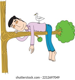 man sleeping on a tree branch