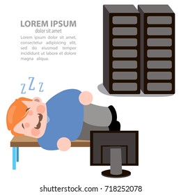 The man is sleeping on the workplace at the computer. Vector illustration.