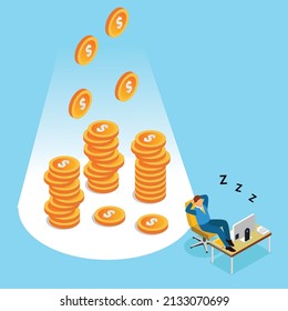 Man sleeping with passive indome isometric 3d vector concept for banner, website, illustration, landing page, flyer, etc.