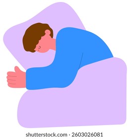man sleeping peacefully in bed, restful night and sweet dreams flat vector illustration