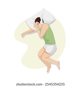 Man sleeping peacefully with headphones on a pillow. Vector illustration