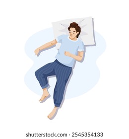 Man sleeping peacefully on a bed with a pillow. Vector illustration
