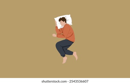 Man sleeping peacefully with pillow, wearing cozy clothes.