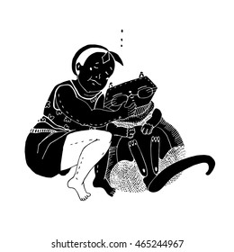 Man Sleeping with pet cat, hand drawn illustration. Man hugging the cat. Black and white silhouette. Vector design, graphic style. Cartoon character.