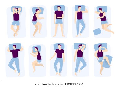 Man Sleeping Poses. Night Sleep Pose, Asleep Male Positioning On Bed And Sleep Position. Sleeping Tired Lying Person Or Night Posture. Isolated Vector Illustration Icons Set