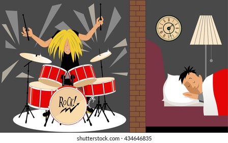 Man sleeping quietly in an adjusting room to a musician playing a drum set, illustration of soundproofing, EPS 8