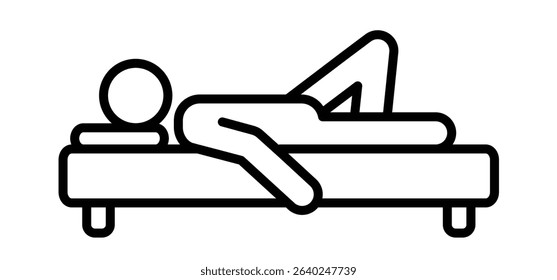 Man sleeping or relaxed on bed. Person sleep or dreaming. Cartoon woke up icon. Sleepless concept. Human rest, stick figure man. Human silhouettes. Sleep, bed time icon. Sleeping shelter or hotel. 