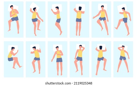 Man sleeping. Sleep positions, male lying on bed with pillow. Night time, different relax postures top view. Alone human relaxed, recent vector set