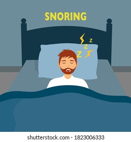 Man sleeping and snoring in bed in flat design. Snore problem concept vector illustration.