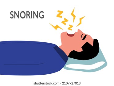 Man sleeping and snoring in flat design on white background. Snore problem concept vector illustration.