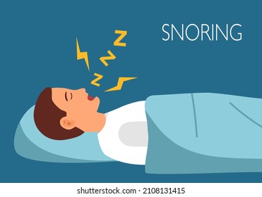 Man Sleeping And Snoring In Flat Design. Snore Health Problem Concept Vector Illustration.