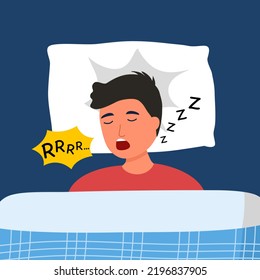 Man sleeping and snoring in flat design. Snore health problem concept vector illustration.