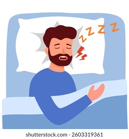 Man sleeping and snoring in flat design. Snore health problem concept vector illustration.