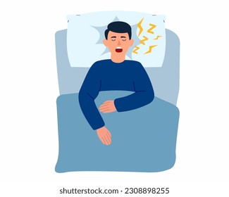 Man sleeping and snoring loudly with open mouth while sleep Snore health problem concept.