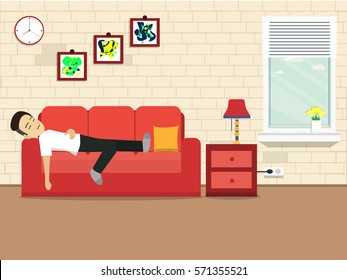 Man was sleeping with sofa with pictures with other things. illustration flat