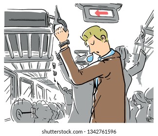 A man sleeping in the subway and a landscape in the subway. hand drawn style vector design illustrations. 