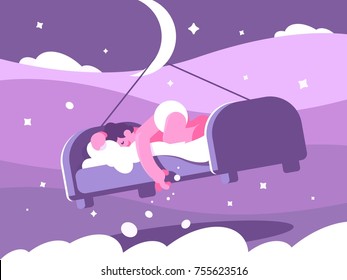 Man sleeping sweetly bed. Night time dreaming, vector flat illustration