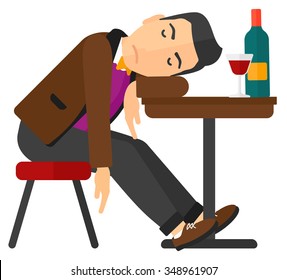 A man sleeping at the table with a glass and a bottle on it vector flat design illustration isolated on white background. Square layout.