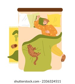 Man sleeping top view concept. Young guy in pajamas with cat lies on bed under blanket. Rest, relax and recuperation. Template, layout and mock up. Cartoon flat vector illustration