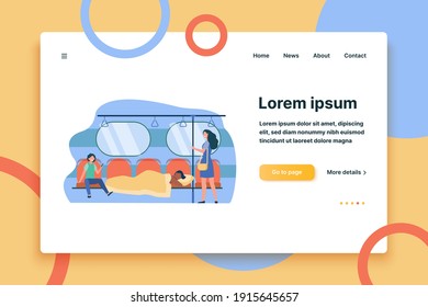 Man sleeping under blanket in subway train. Sleepwalker, homeless, laughing passengers flat vector illustration. Sleep disorder, public transport concept for banner, website design or landing web page