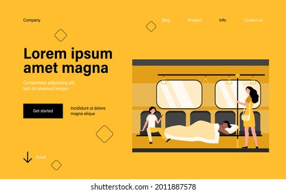Man sleeping under blanket in subway train. Sleepwalker, homeless, laughing passengers flat vector illustration. Sleep disorder, public transport concept for banner, website design or landing web page