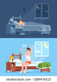 Man sleeping under warm duvet at night, waking up morning and getting out of comfortable soft bed. Peacefully sleep in comfy bedding cartoon vector concept