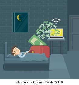 Man sleeping while earning money online from computer, illustrator vector cartoon drawing image painting
