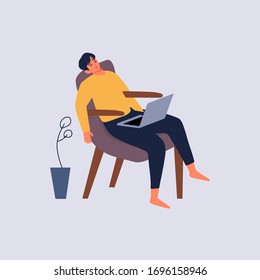 hombre durmiendo sentado con un portátil en casa caricatura dibujo a mano diseño vectorial plano ilustración de carácter humano