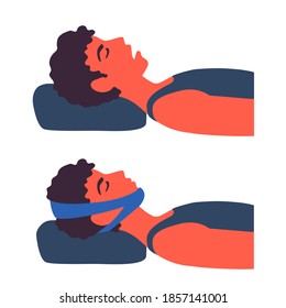 A man sleeping without and with jaw band. A chin strap bandage. Anti-snoring, apnea aid. A person with an open and closed mouth. Anti-snore treatment, solution. A vector cartoon illustration.
