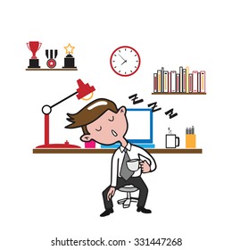 Man sleeping at work cartoon drawing