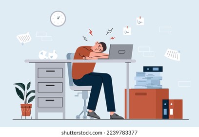 Man sleeping at workplace. Young guy behind laptop. Emotional burnout, pressure, panic and stress. Lazy character, mental health. Poster or banner for website. Cartoon flat vector illustration