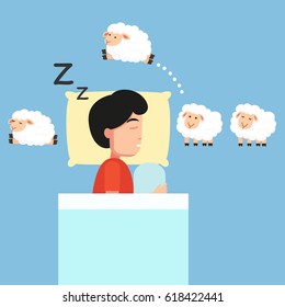 Man sleeping,Counting sheep to fall asleep vector illustration. 