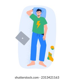 A man sleeps in a back pose with mess around. Top view of night sleeping position. Vector illustration in flat style isolated on white background.