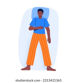 A man sleeps in a back pose in pajamas. Top view of night sleeping position. Vector illustration in flat style isolated on white background.