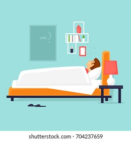 Man sleeps in bed at night. Flat design vector illustration.