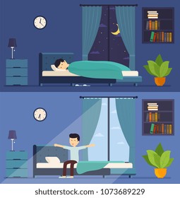 Man sleeps in bed at night and wakes up in the morning. Morning stretching in bed. Room with a window at night and morning.