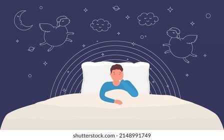 Man sleeps in bed under blanket. Concept healthy sweet dreams.