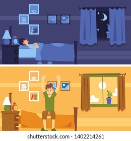 Man sleeps in bedroom at night and wakes up in morning flat cartoon style, vector illustration on interior background. Banners of male lies in bed and sits stretching with arms raised up