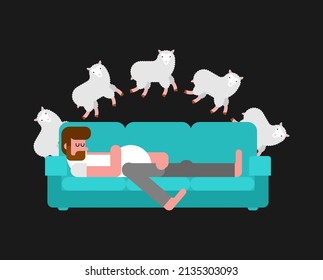 El hombre duerme y cuenta ovejas. Contando ovejas antes de acostarse.