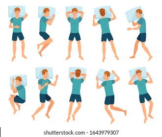 Man sleeps in different poses. Male character sleep, mans sleeping in bed top view vector illustration set. Collection of boy lying in various positions or postures during night rest or slumber.