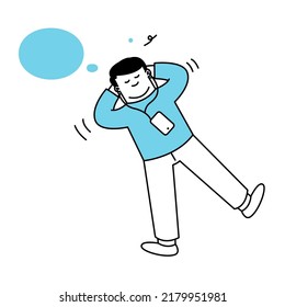 A man sleeps dreaming, imagining and listening to music chilling. thin outline vector illustration of cute character on white background