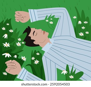 man sleeps in a flower field