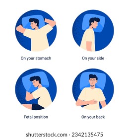 A man sleeps or has a nap in different positions. Sleeping on your back, side, stomach, and in a fetal pose. Top view. Vector flat modern illustration for a banner, or info graphics.