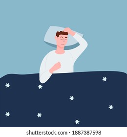 a man sleeps in his bed, on a pillow under the covers,  healthy sleep concept. flat vector illustration.
